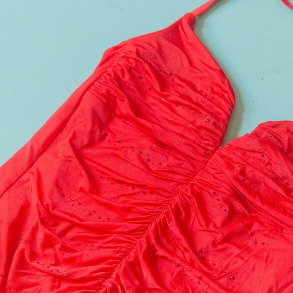 St John Swim Vintage 90s Red Ruched Bedazzled Gem Halter Neck One Piece Sz 8 - Picture 2 of 5
